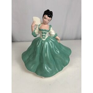 Vintage Porcelain Lady Figurine Aqua Dress Fan Girl Japan Ceramic